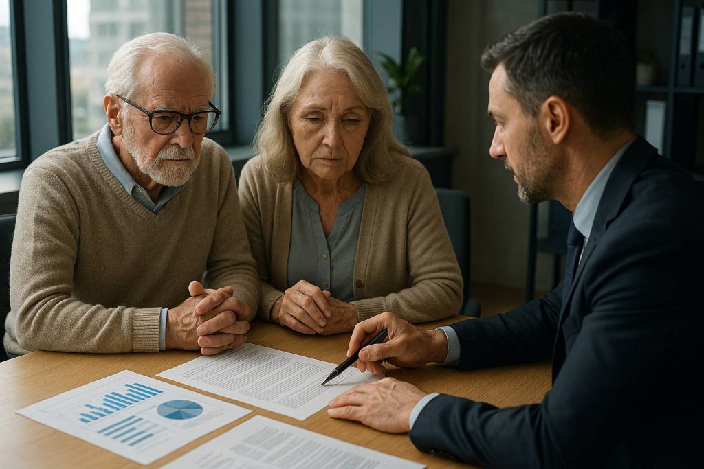 Pareja de personas mayores revisando requisitos y documentación para una hipoteca inversa con un gestor en una oficina bancaria.